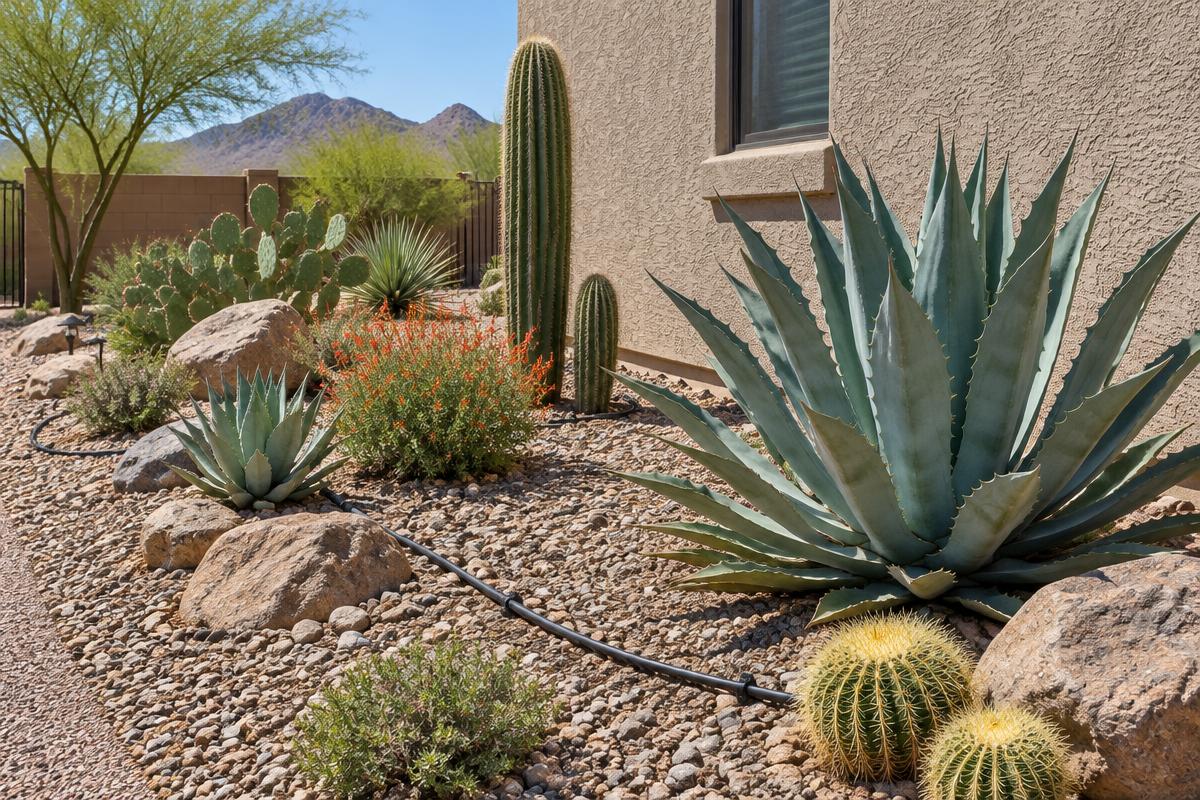 Arizona stucco home with desert landscaping