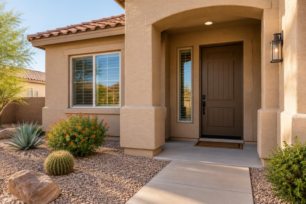 Arizona stucco home with desert landscaping